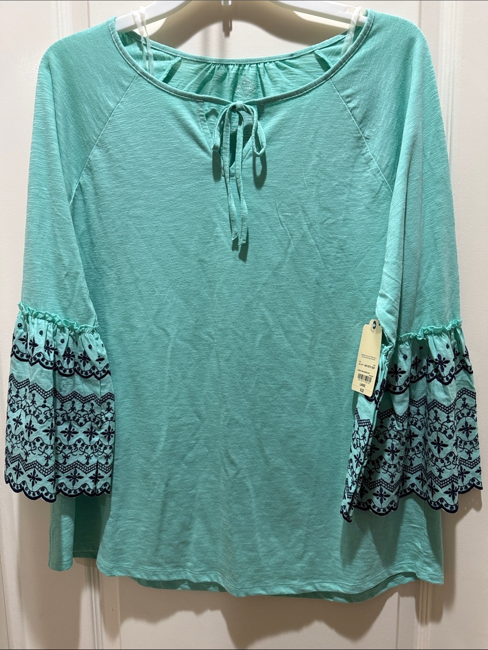 St. John's Bay NWT Mint Green Tie-Neck Blouse Embroidered Bell Sleeves Large